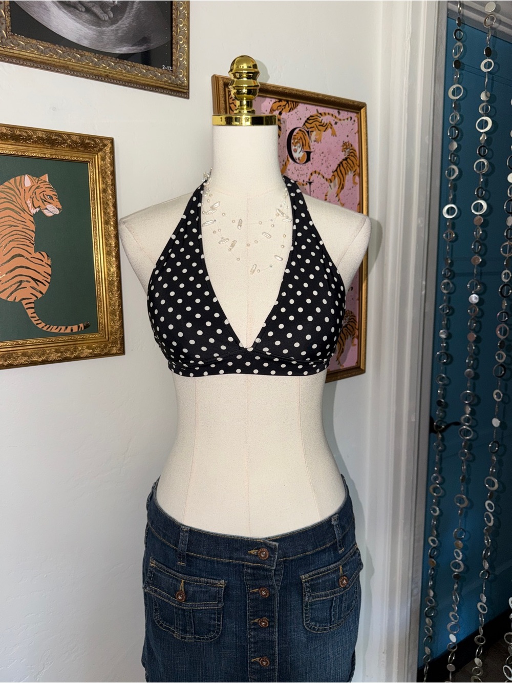 Vintage Y2K Polka Dot Halter Bikini - Black/White